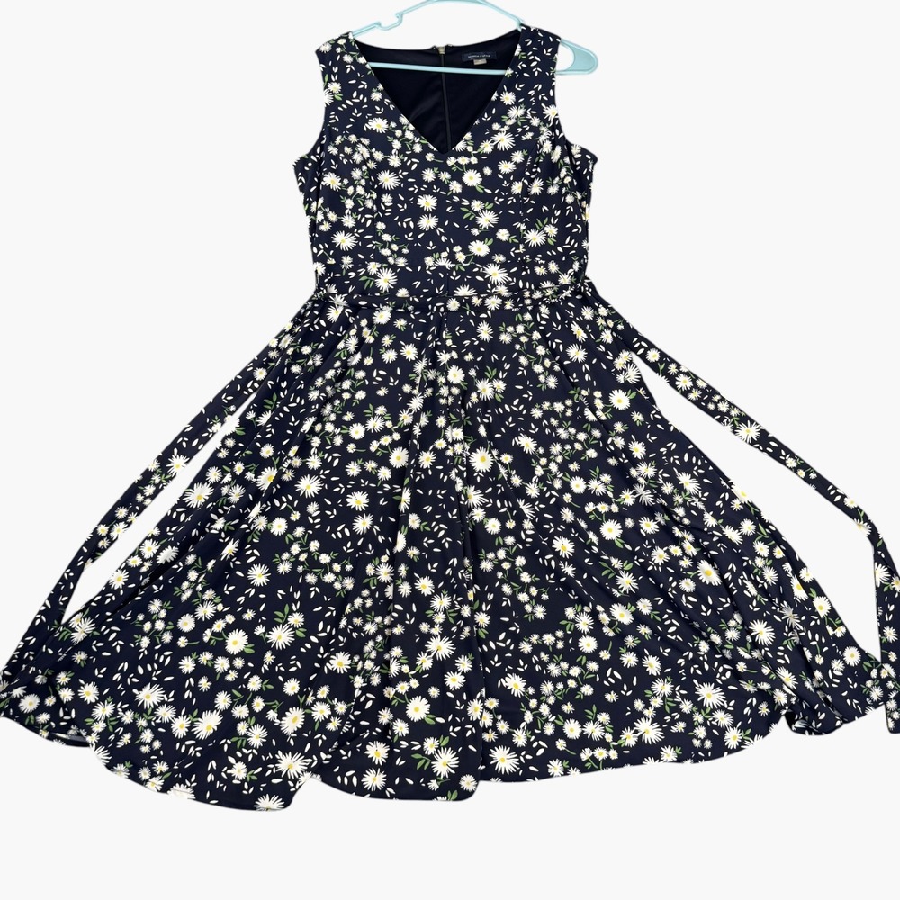 Tommy Hilfiger Navy Blue Daisy Floral Fit and Flare Dress Size 10 V-Neck Sash
